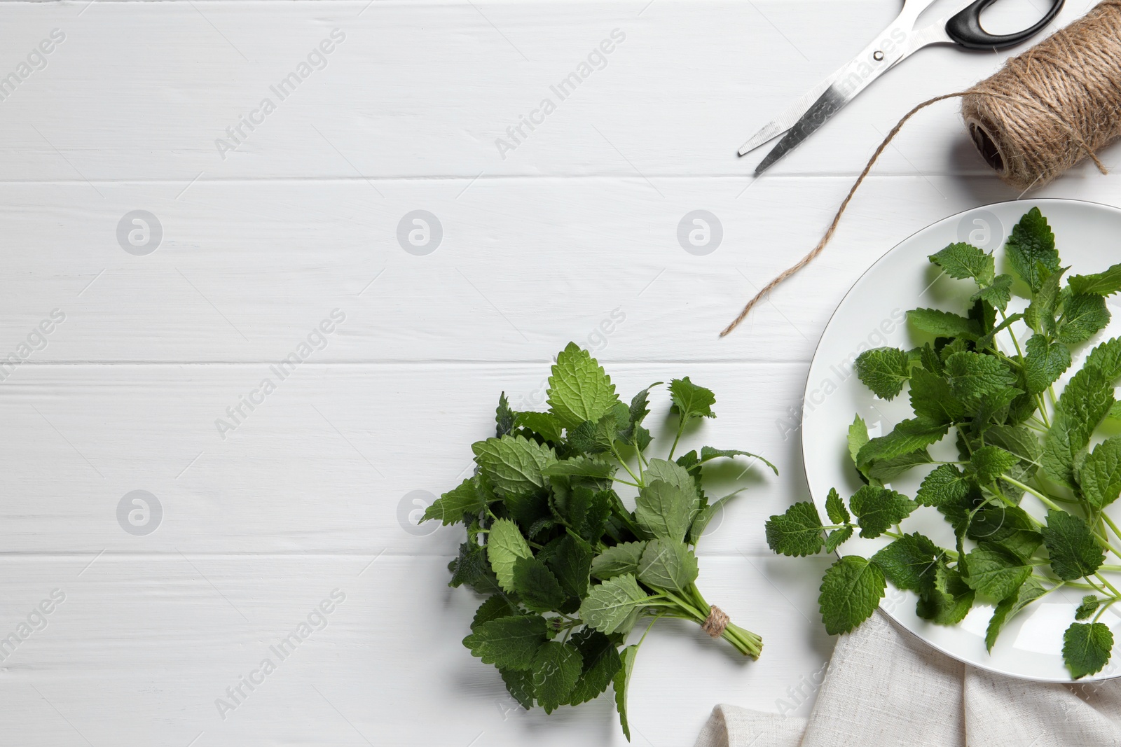 Photo of Fresh lemon balm, scissors and twine on white wooden table, flat lay. Space for text