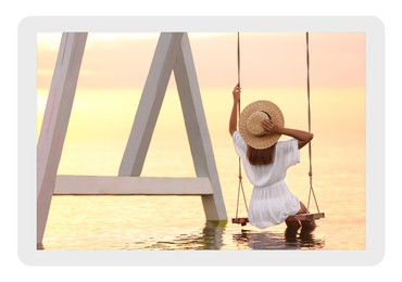 Image of Paper photo. Young woman on swing over water