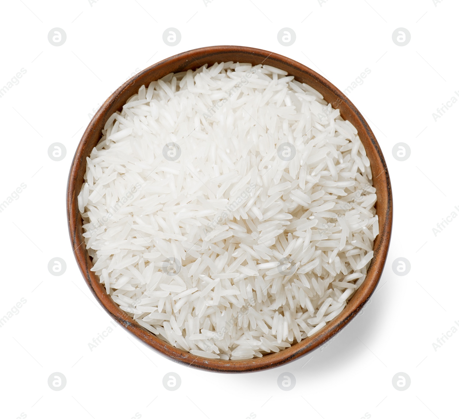 Photo of Raw basmati rice in bowl isolated on white, top view