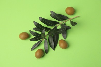 Photo of Fresh olives and leaves on light green background, flat lay