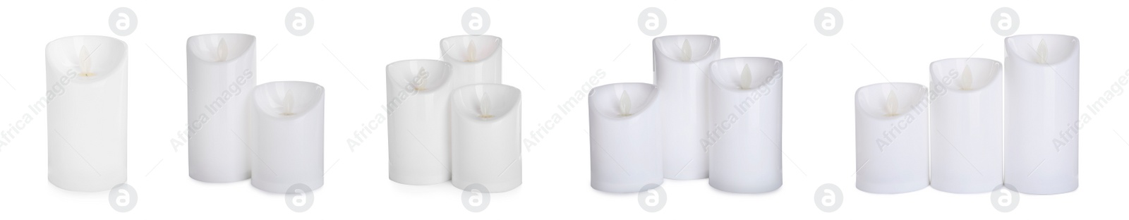 Image of Set with decorative flameless LED candles on white background. Banner design