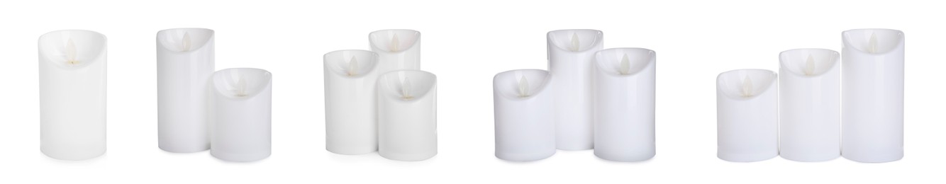 Image of Set with decorative flameless LED candles on white background. Banner design