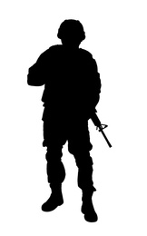 Silhouette of soldier with assault rifle on white background. Military service