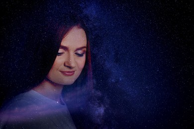 Image of Double exposure of beautiful woman and starry sky. Astrology concept