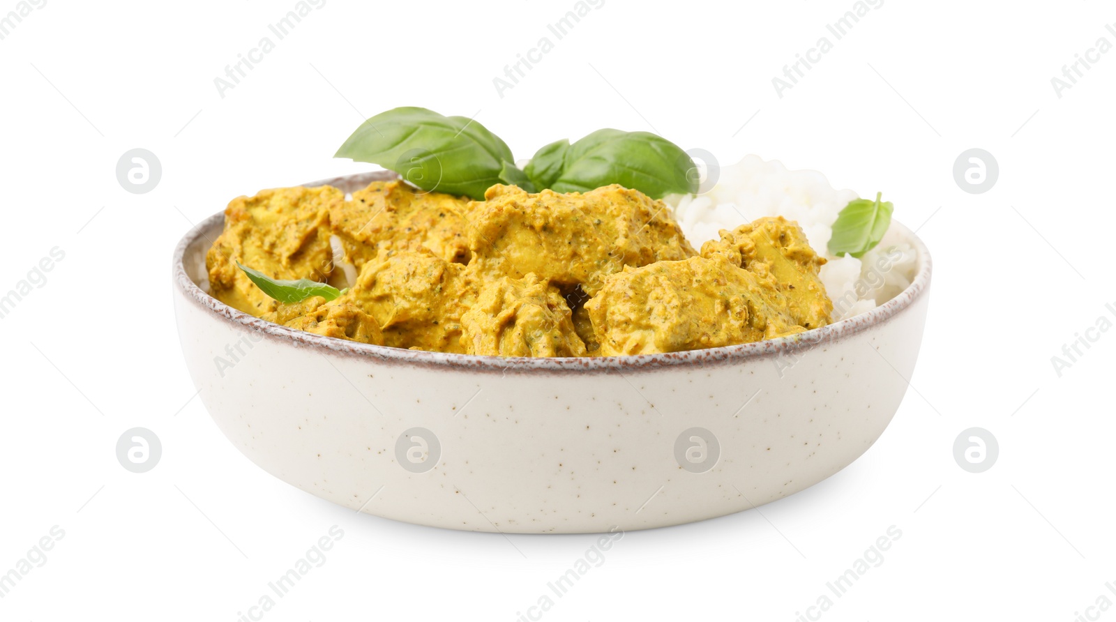 Photo of Delicious rice and chicken with curry sauce isolated on white