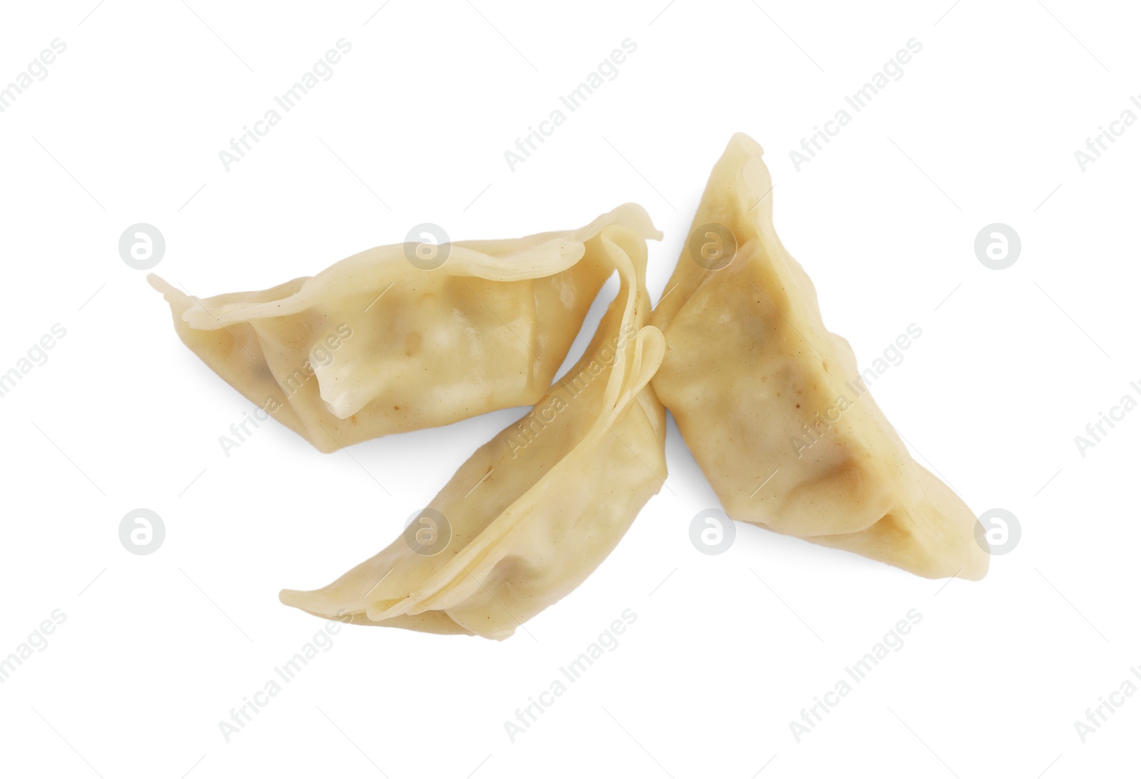 Photo of Delicious gyoza (asian dumplings) isolated on white, top view