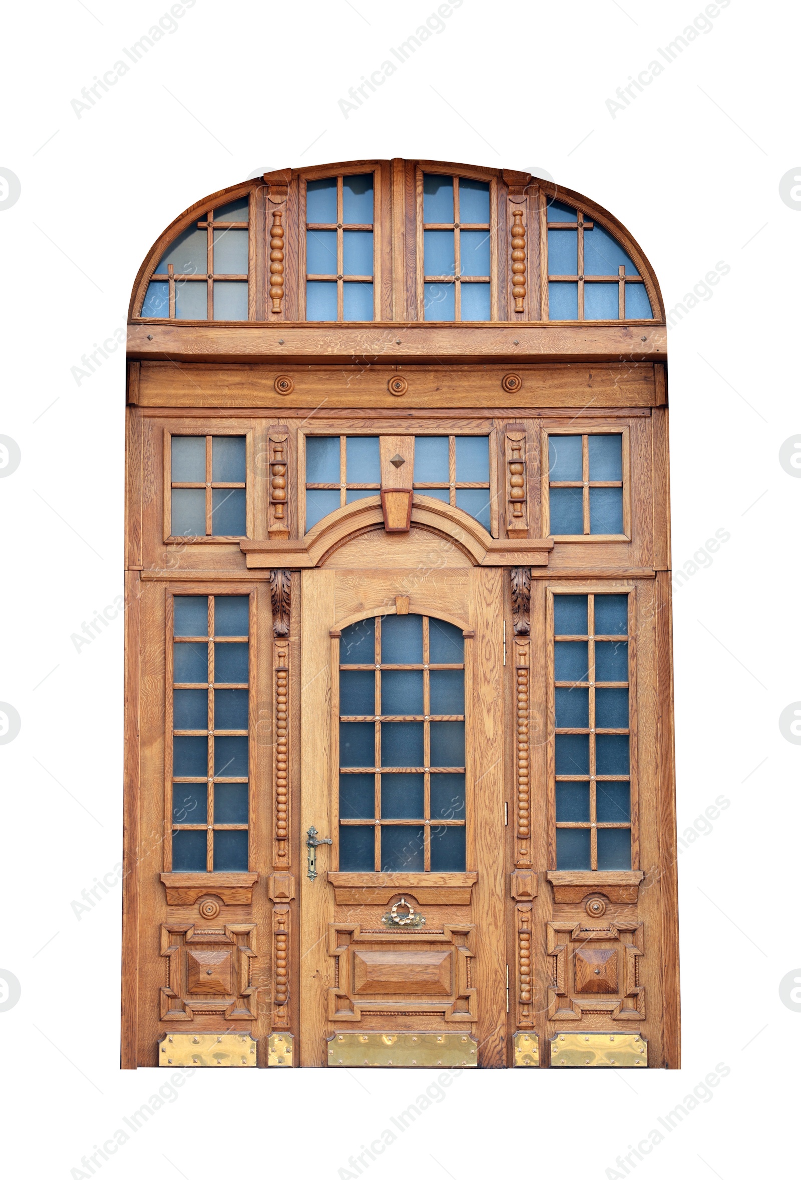 Image of Beautiful old-fashioned wooden door and transom window isolated on white