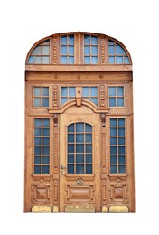 Beautiful old-fashioned wooden door and transom window isolated on white