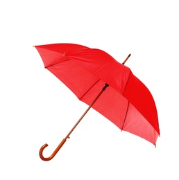 Photo of Modern opened red umbrella isolated on white