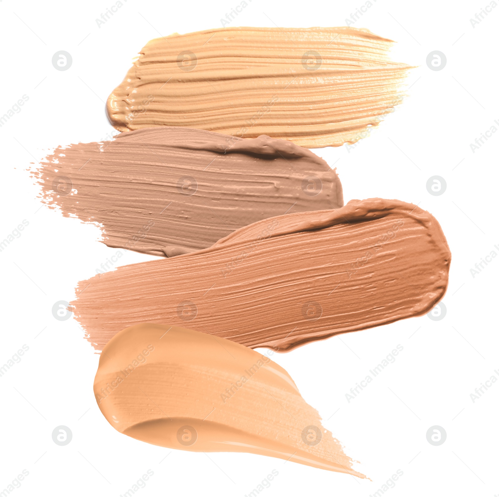 Image of Foundation of various shades for different skin tones isolated on white, top view. Set of samples