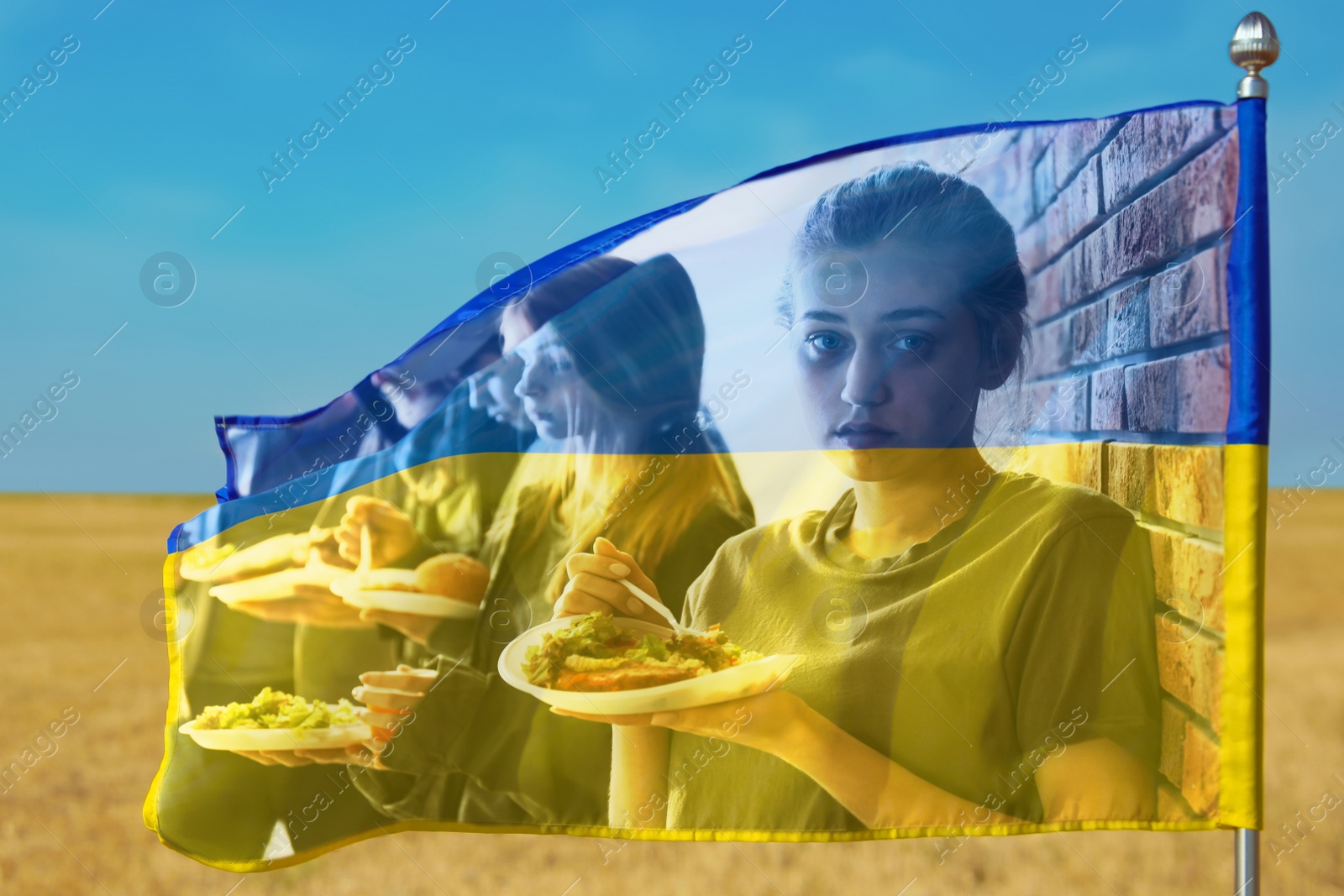 Image of Double exposure of Ukrainian flag in wheat field on sunny day and hungry refugees. Help during war