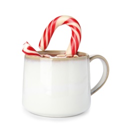 Cup of tasty cocoa with marshmallows and Christmas candy cane isolated on white
