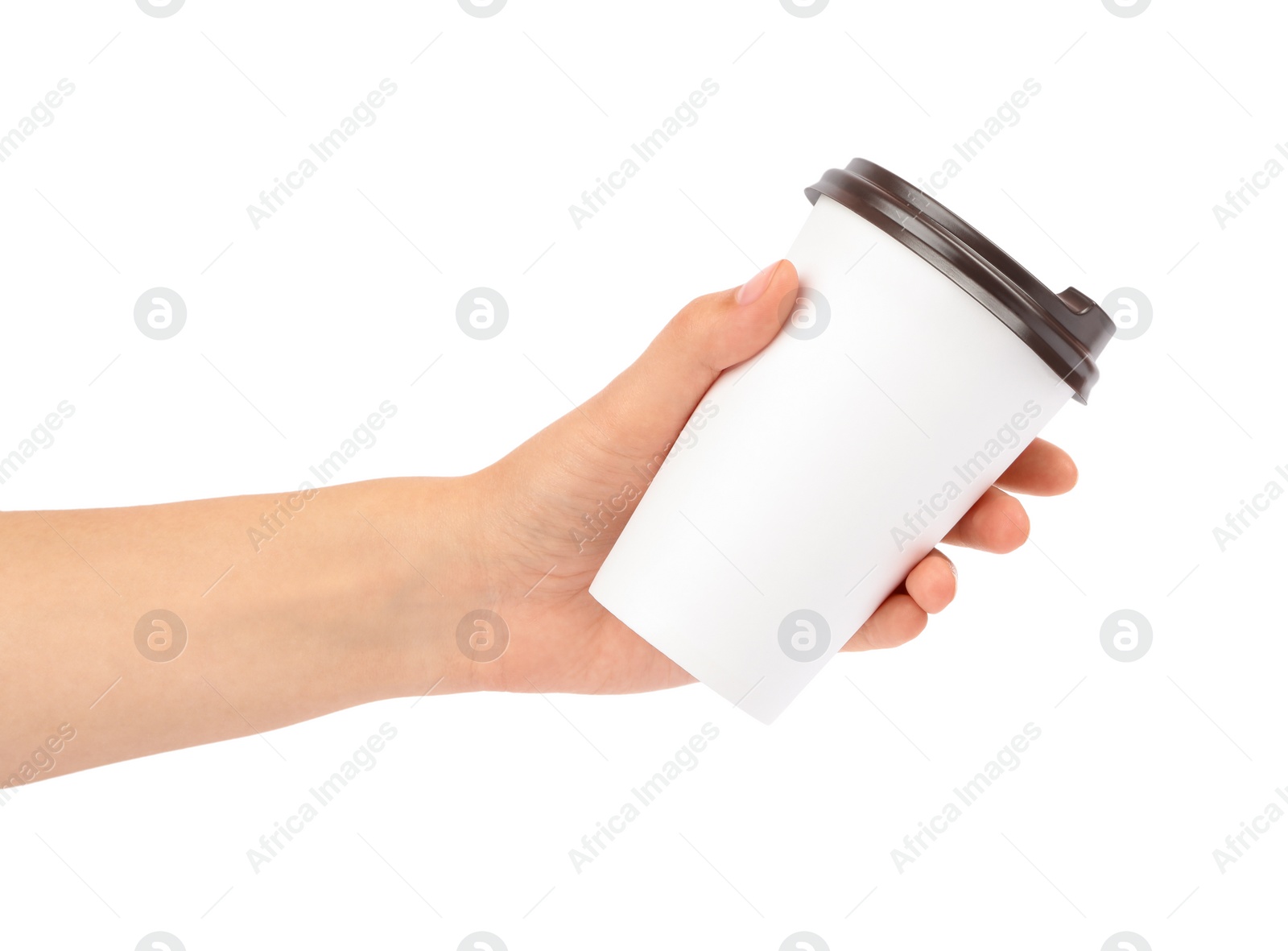 Photo of Woman holding takeaway paper coffee cup on white background, closeup