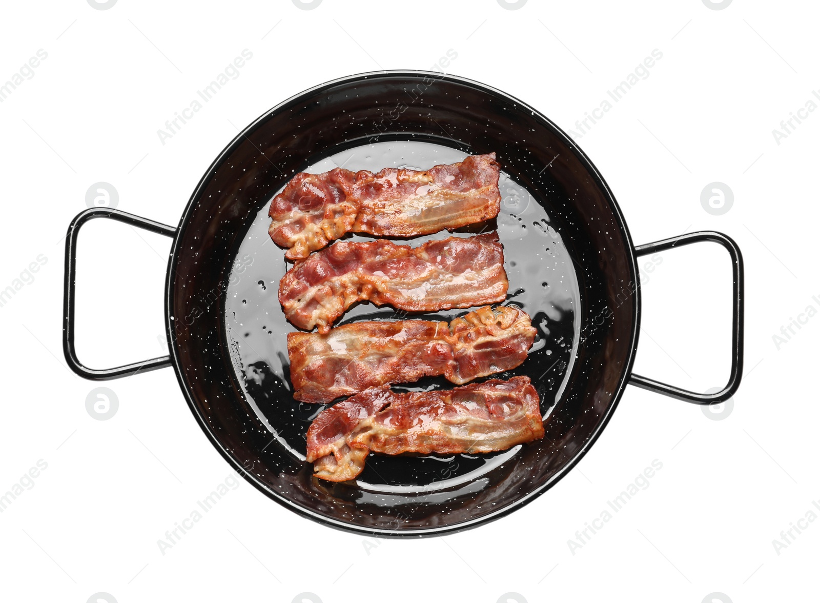 Photo of Dish with fried bacon on white background