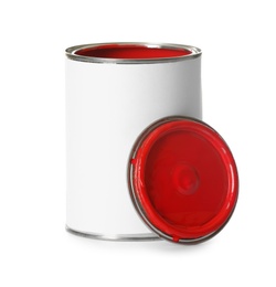 Photo of Open paint can and cap isolated on white