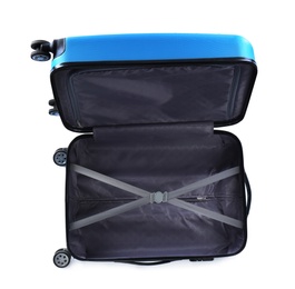 Photo of Open suitcase for travelling on white background, top view