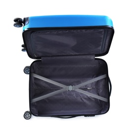 Open suitcase for travelling on white background, top view