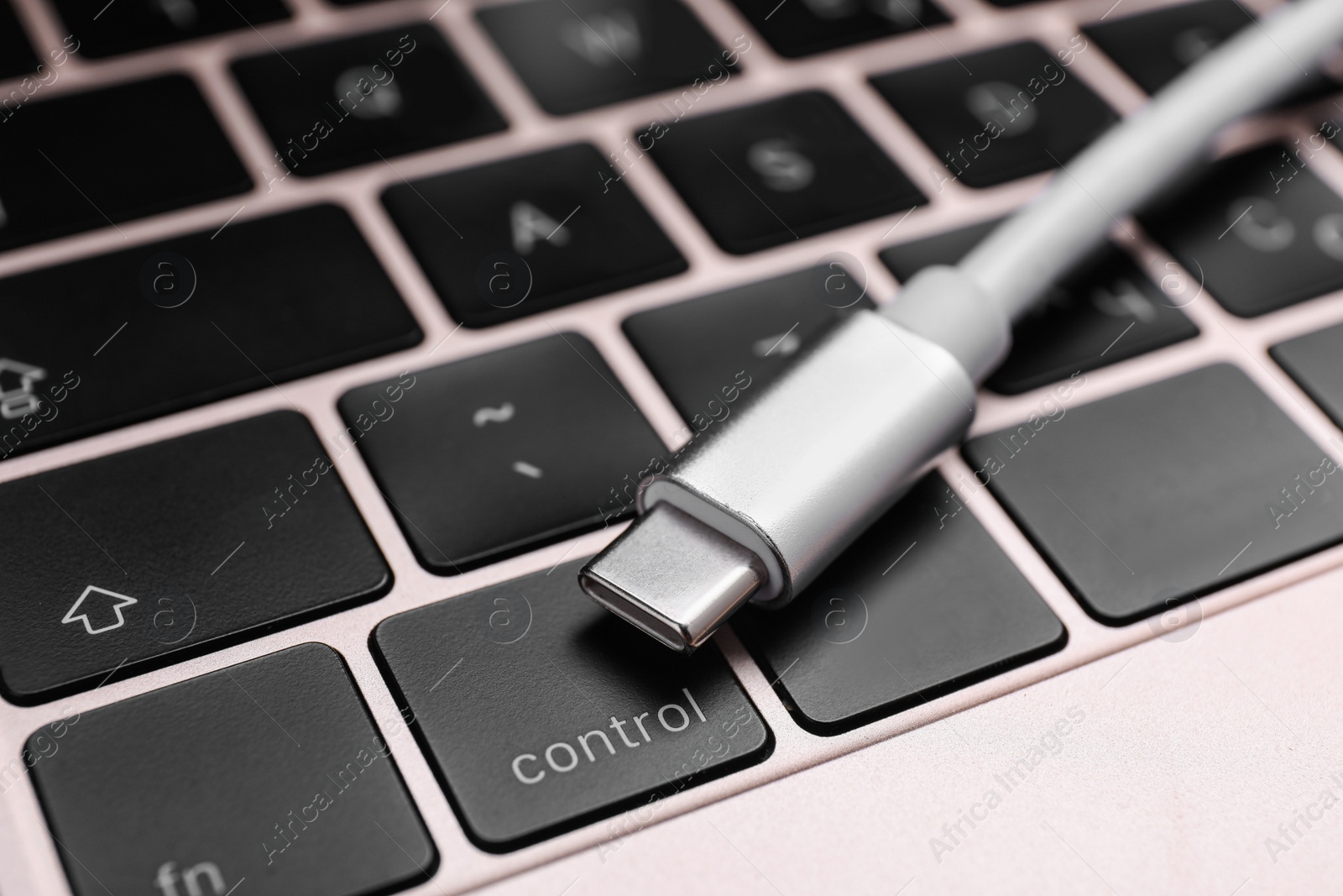 Photo of USB cable with type C connector on laptop keyboard, closeup