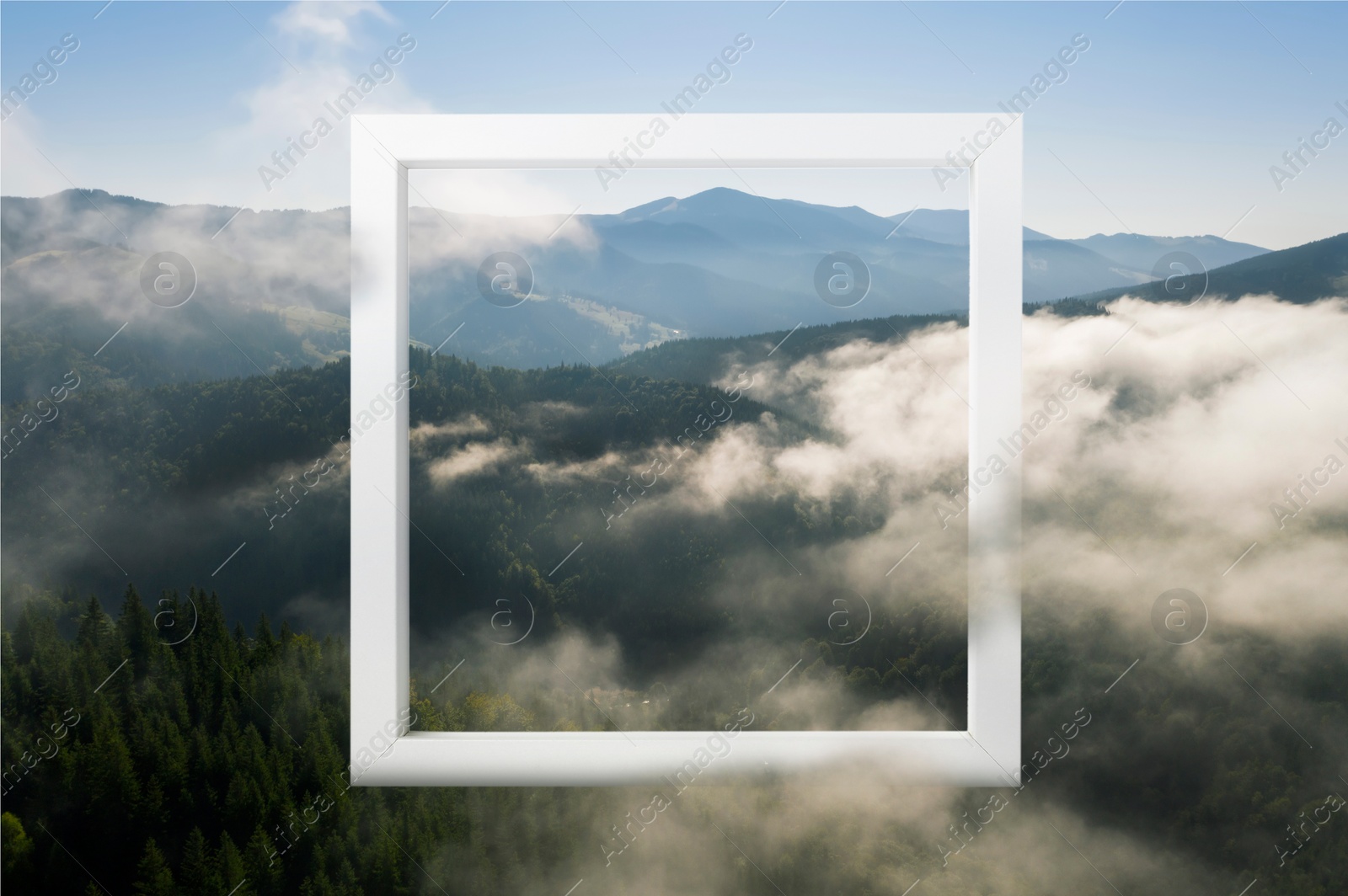 Image of Wooden frame and beautiful mountains with fog in morning