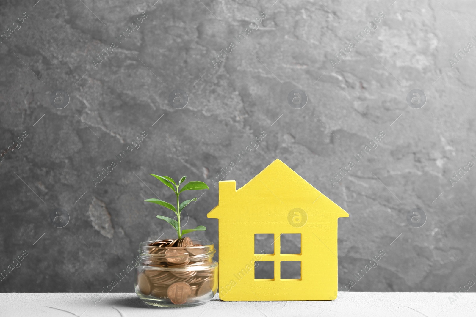 Photo of House model, jar with coins and plant on table against grey background. Space for text