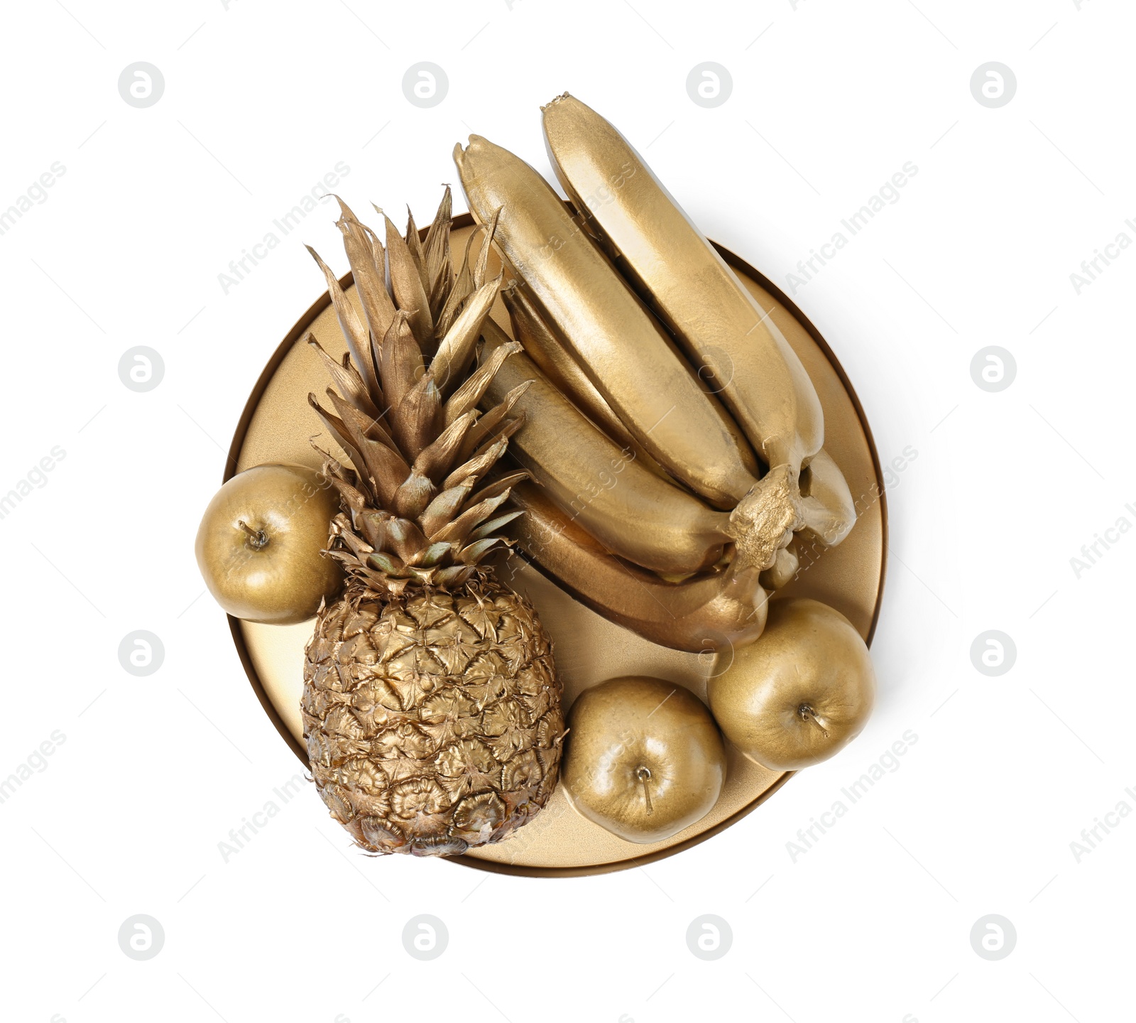 Photo of Tray with gold fruits on white background, top view