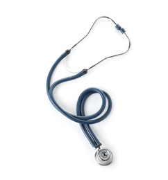 Photo of Stethoscope on white background, top view. Medical device