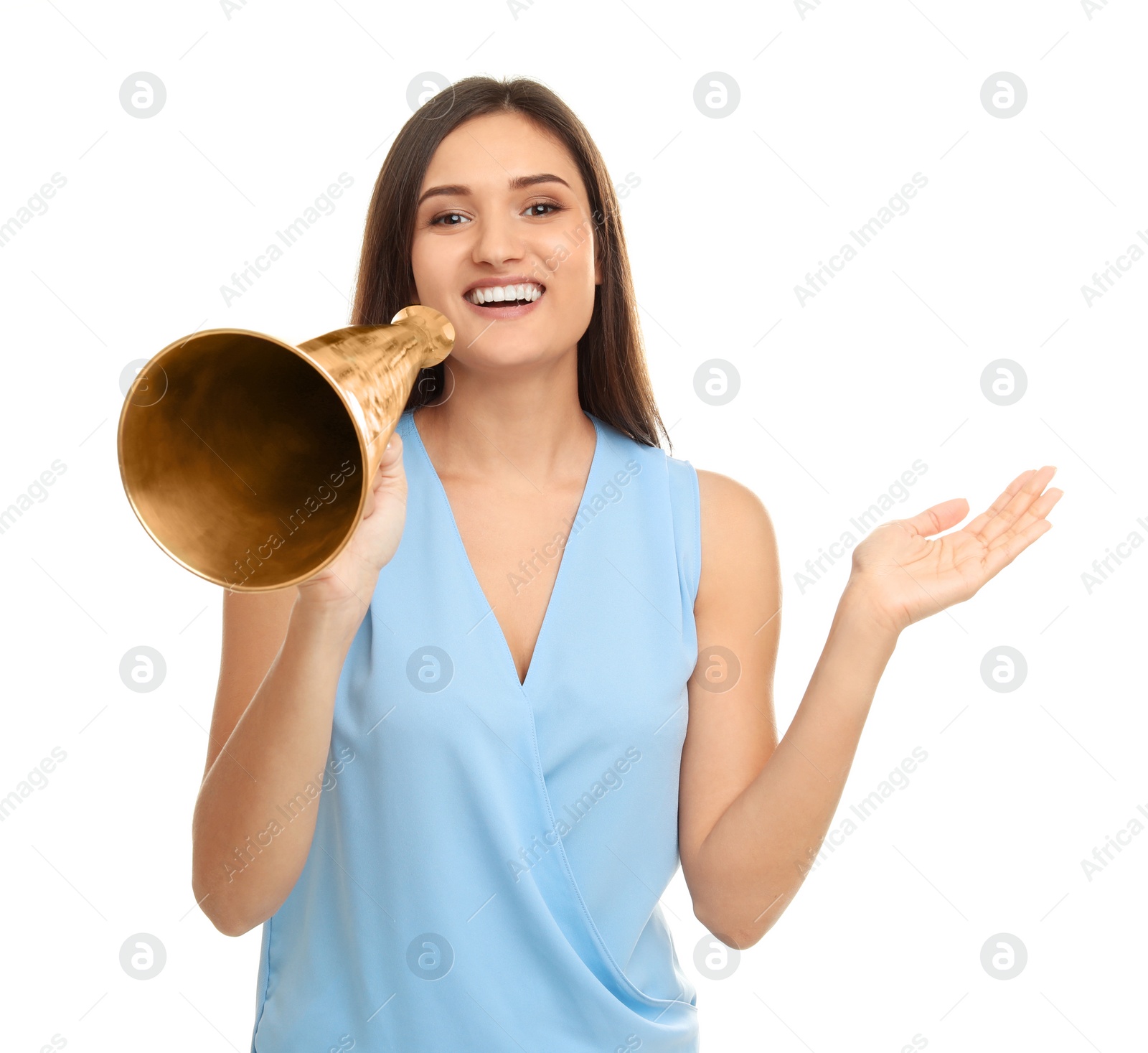 Photo of Young woman using megaphone on white background