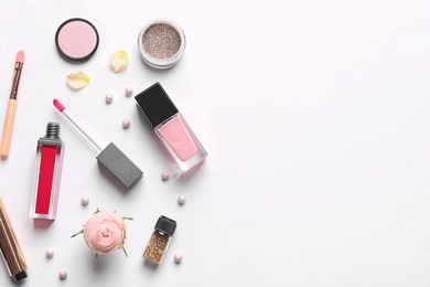 Photo of Beautiful composition with lipsticks on white background, flat lay. Space for text