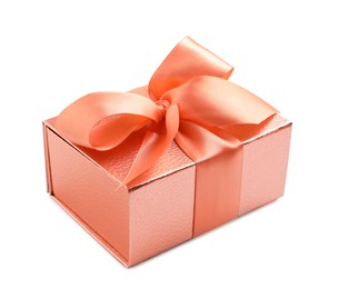 Photo of Gift box decorated with satin ribbon and bow on white background