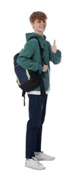 Teenage boy with backpack showing thumb up on white background