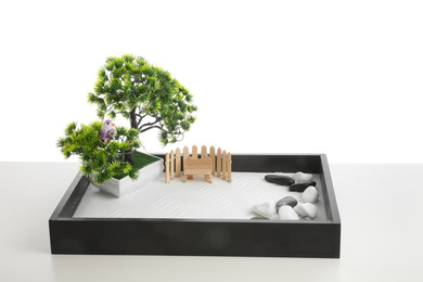 Photo of Beautiful miniature zen garden isolated on white