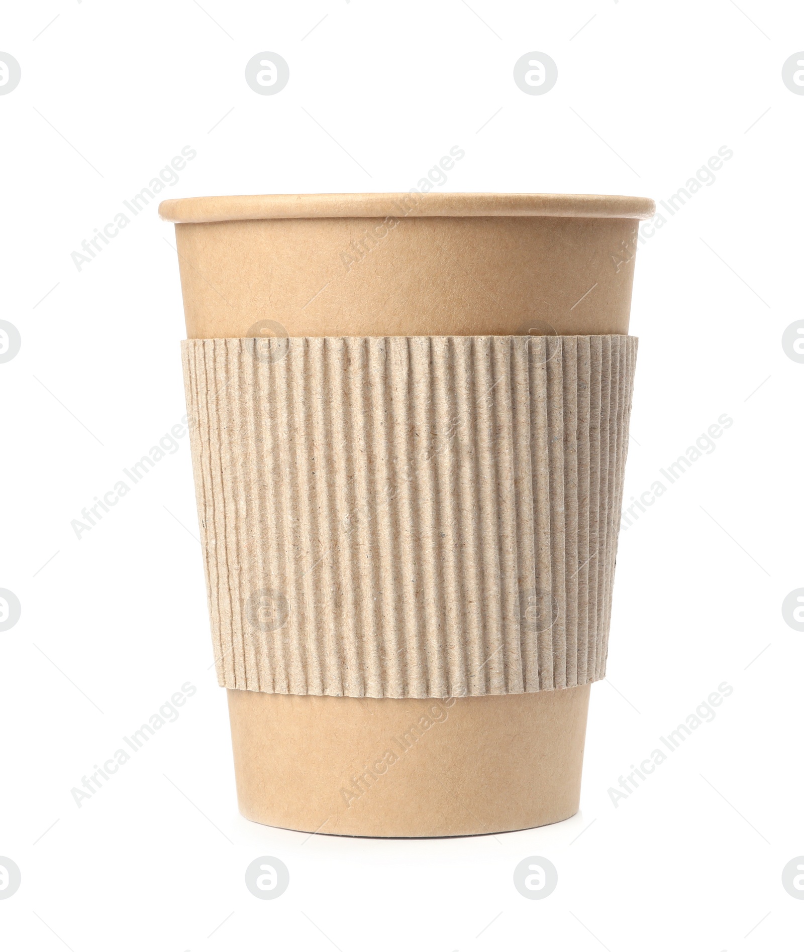 Photo of Takeaway paper coffee cup with cardboard sleeve isolated on white