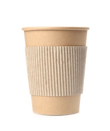 Takeaway paper coffee cup with cardboard sleeve isolated on white