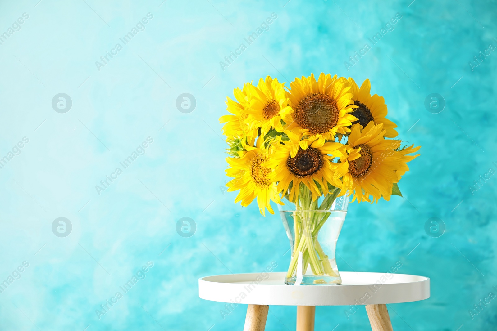 Photo of Vase with beautiful yellow sunflowers on table