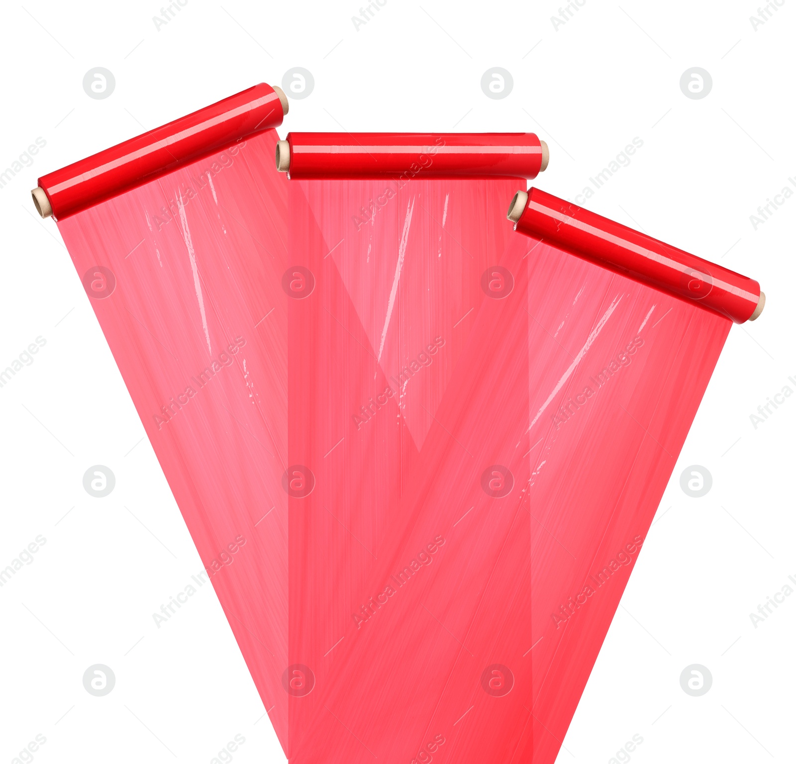 Image of Rolls of red plastic stretch wrap on white background