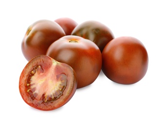 Photo of Fresh ripe brown tomatoes on white background