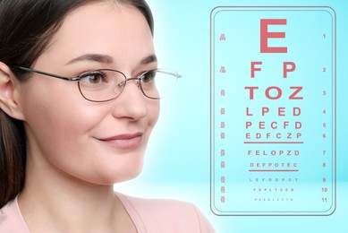 Vision test. Woman in glasses and eye chart on light blue background