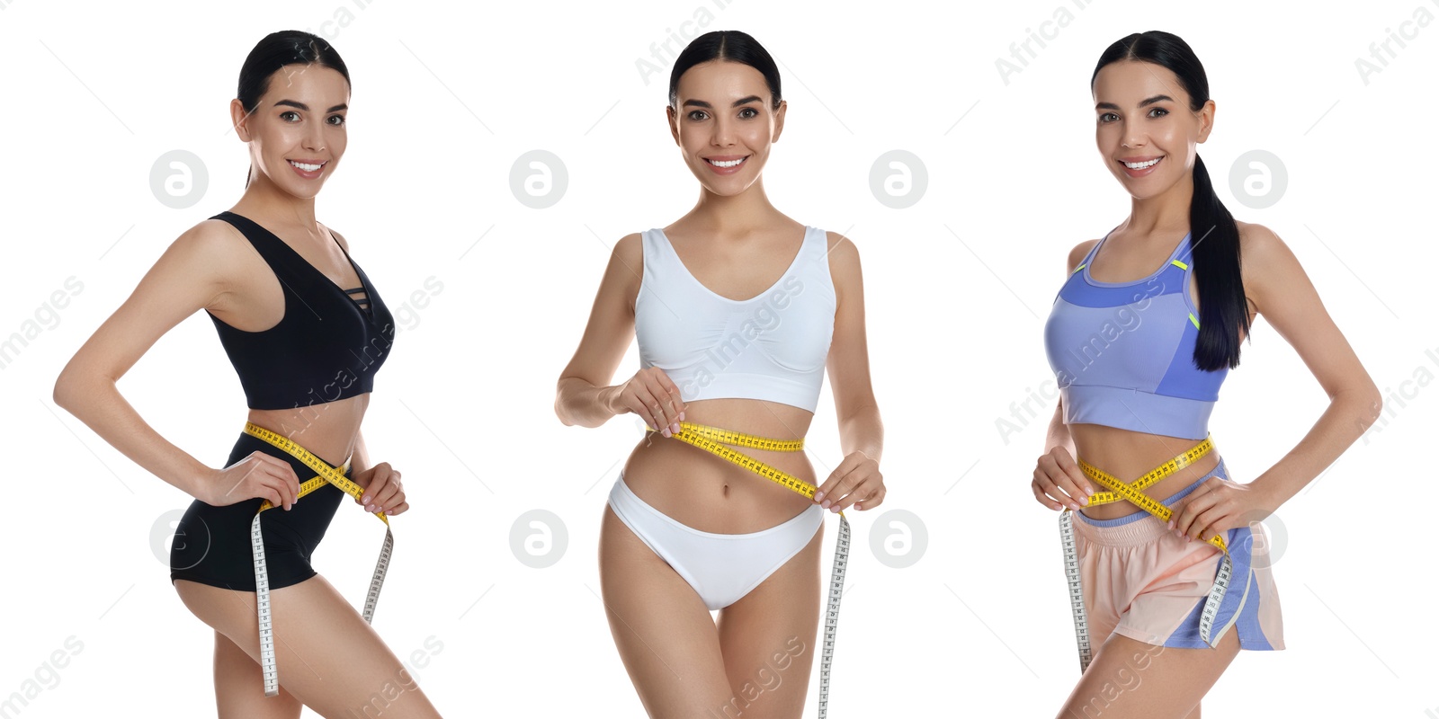 Image of Collage with photos of young woman with measuring tape on white background 