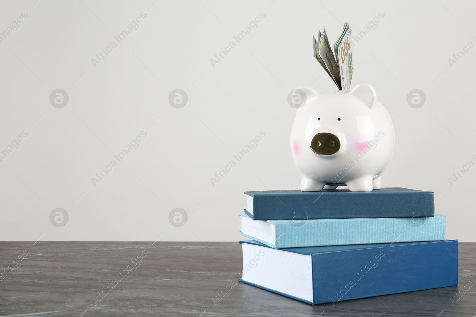 Photo of Piggy bank with dollars on books against white background. Space for text