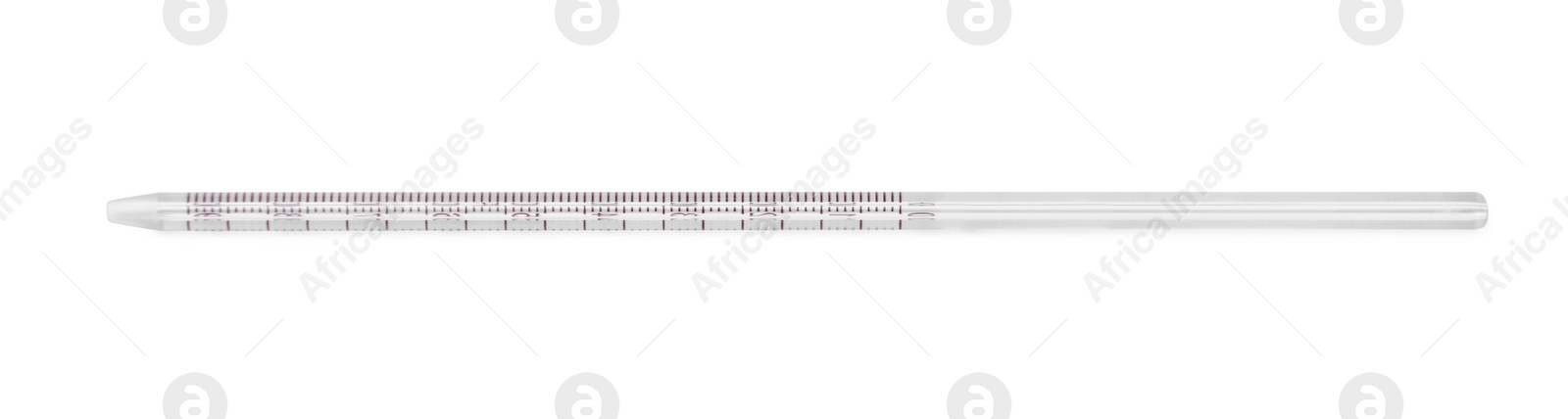 Photo of One glass measuring pipette isolated on white, top view