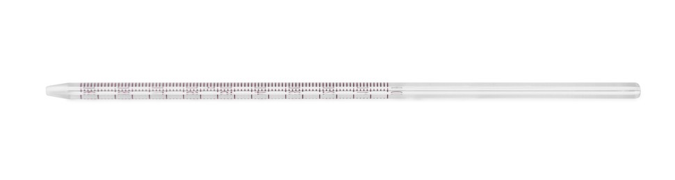 One glass measuring pipette isolated on white, top view