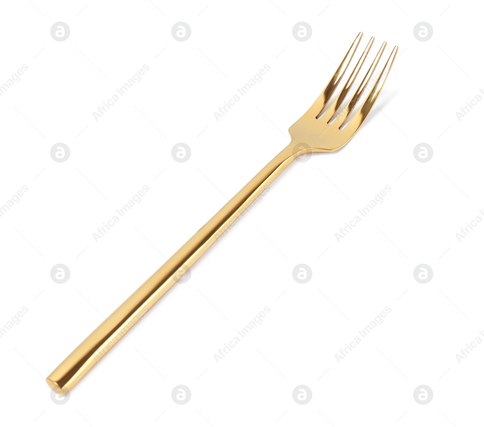 Photo of Stylish clean gold fork on white background