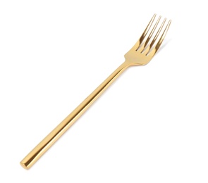 Photo of Stylish clean gold fork on white background