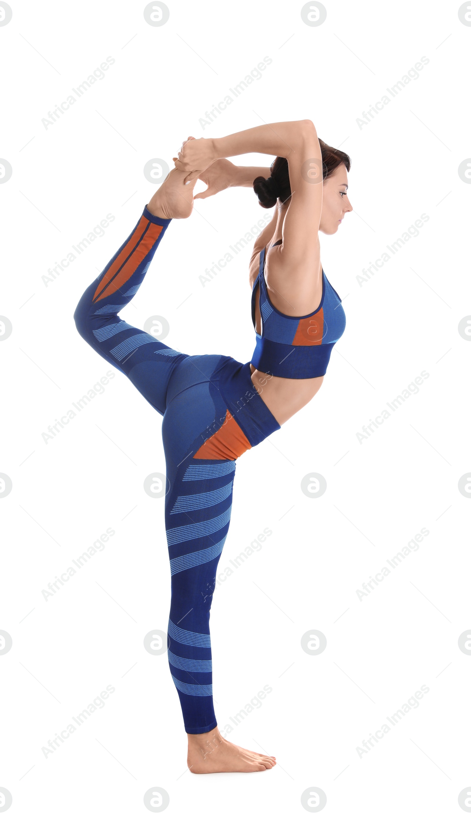 Photo of Professional young acrobat exercising on white background