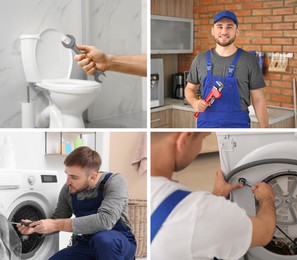Image of Collage with photos of professional plumbers and their tools