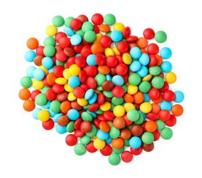 Photo of Many small colorful candies on white background, top view