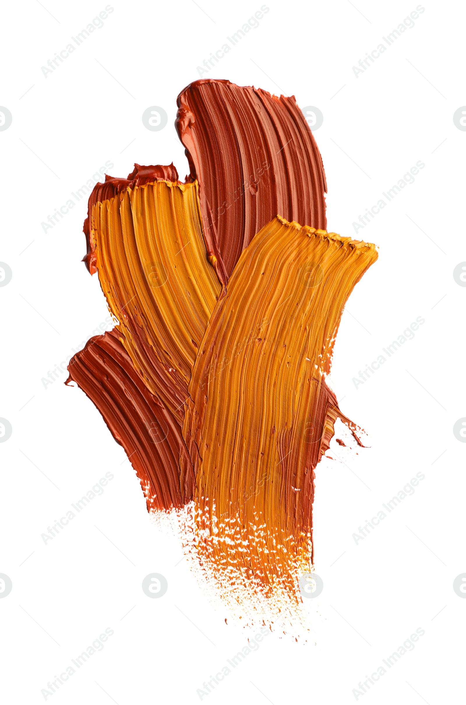 Photo of Brown and orange oil paint strokes on white background, top view