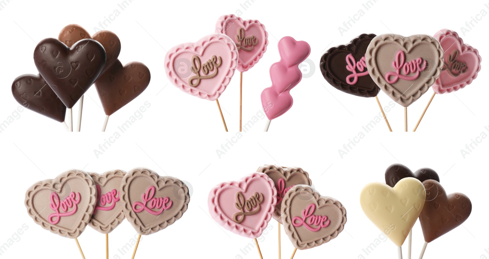 Image of Set with heart shaped lollipops made of chocolate on white background, banner design