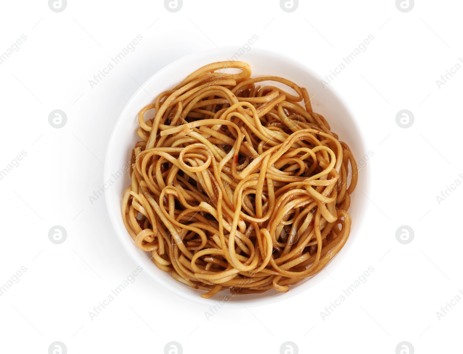 Photo of Bowl of tasty cooked noodles isolated on white