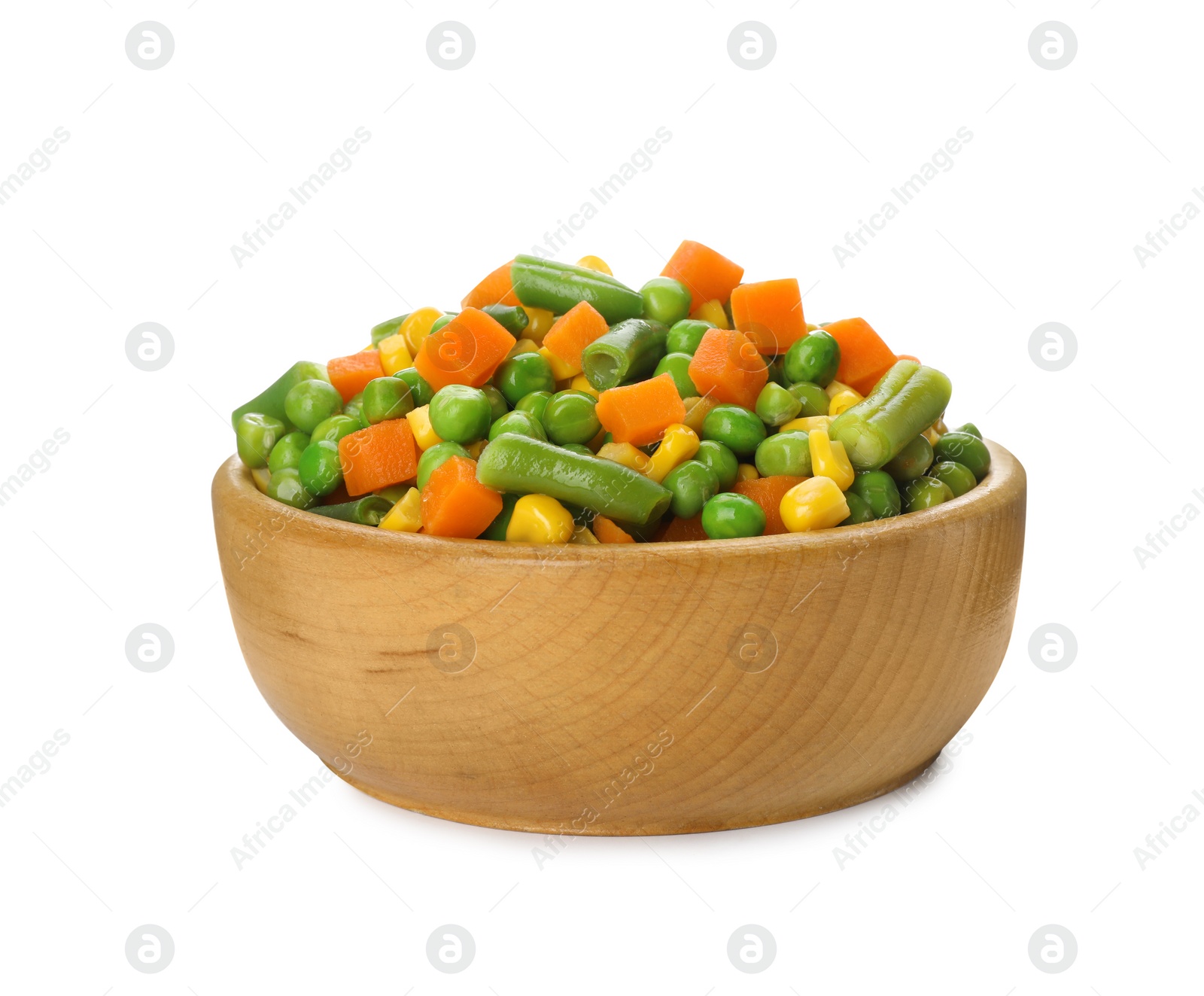 Photo of Mix of fresh vegetables in wooden bowl on white background